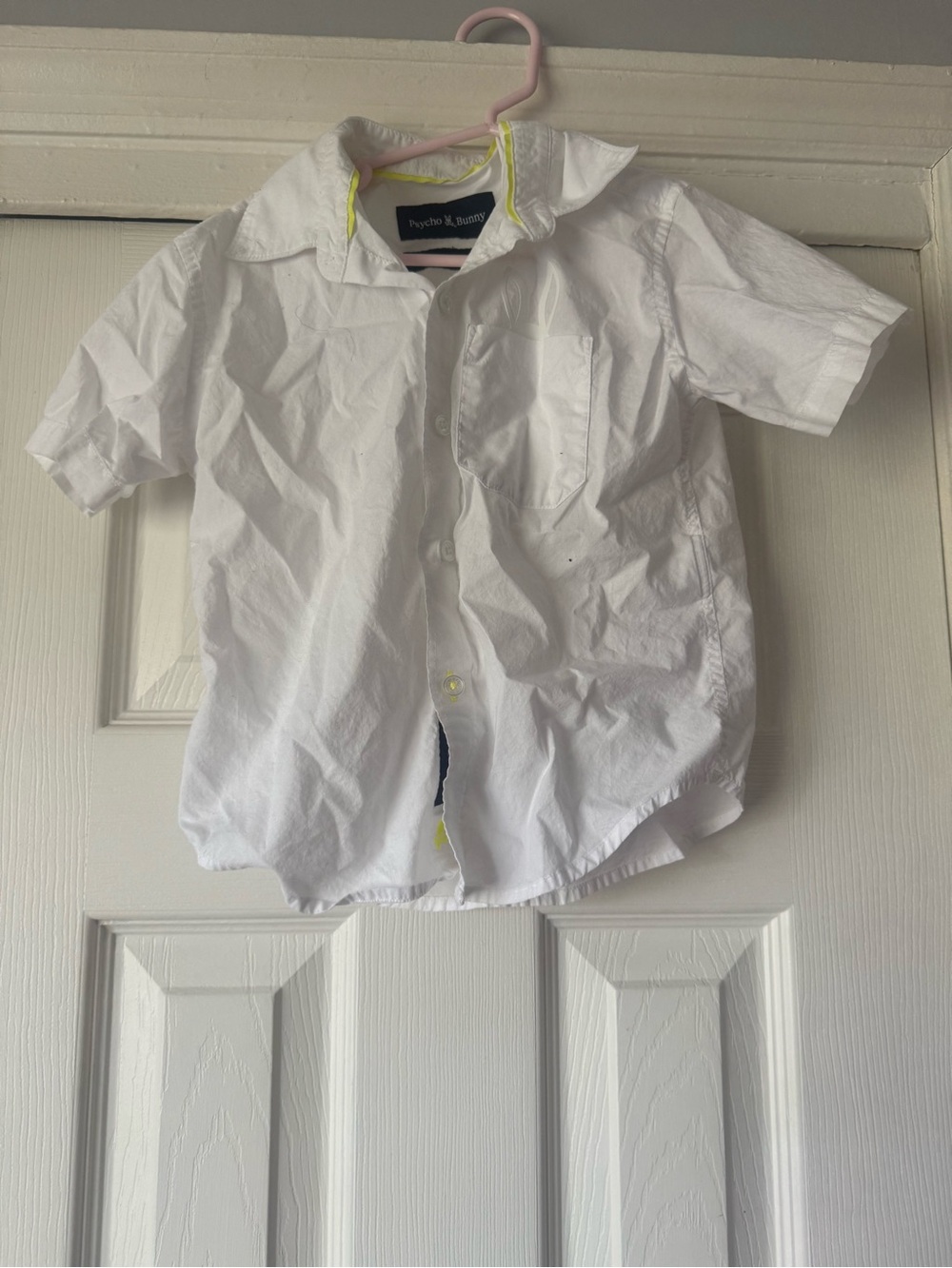 Psycho Bunny White Short Sleeve Button-Down Shirt with Neon Yellow Trim